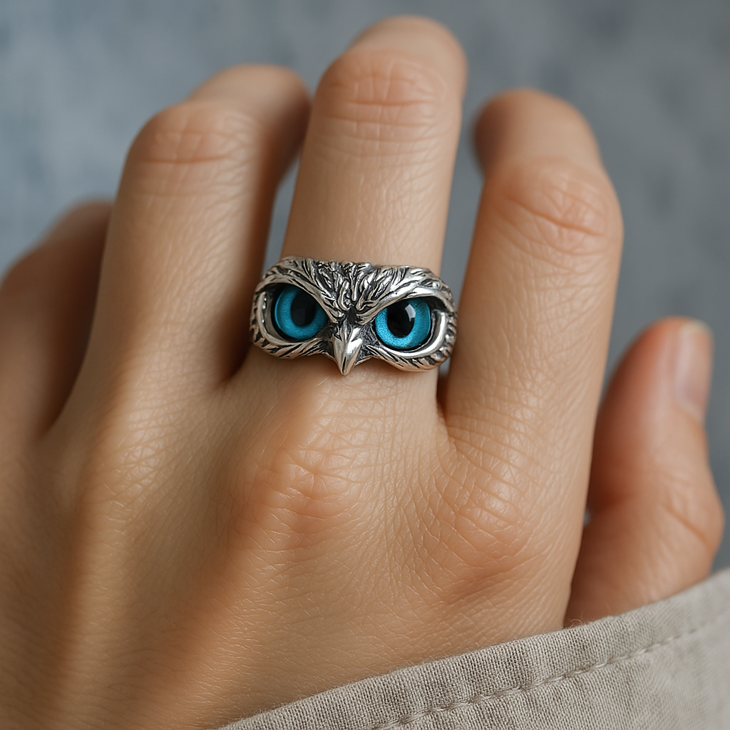 Bague Ajustable Hibou de Bonne Chance en Argent et Opale