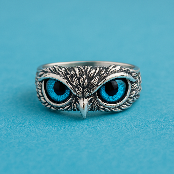 Bague Ajustable Hibou de Bonne Chance en Argent et Opale