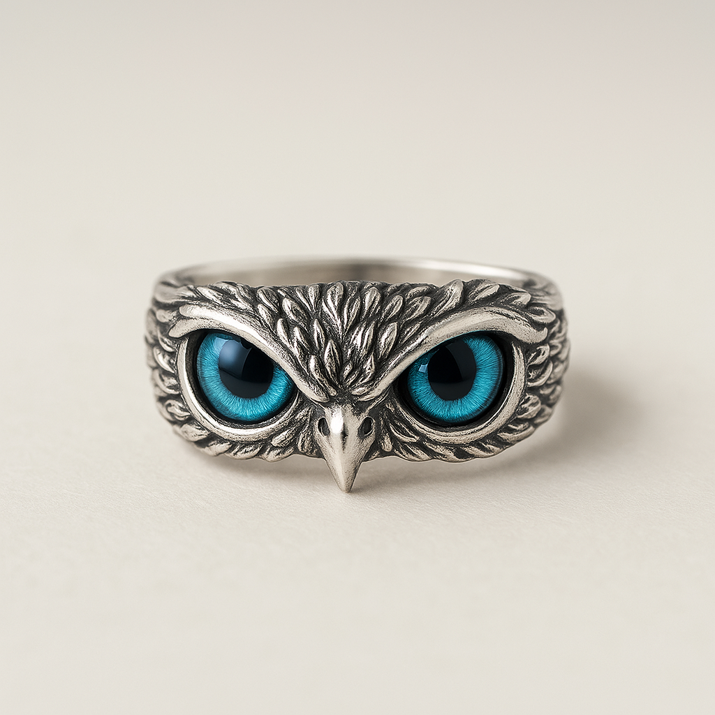 Bague Ajustable Hibou de Bonne Chance en Argent et Opale