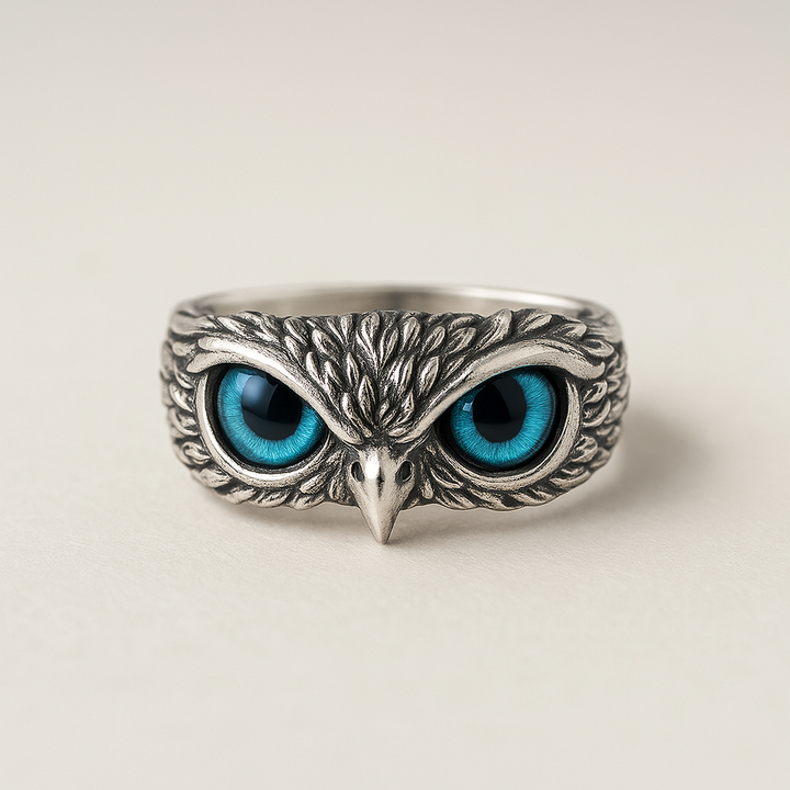 Bague Ajustable Hibou de Bonne Chance en Argent et Opale