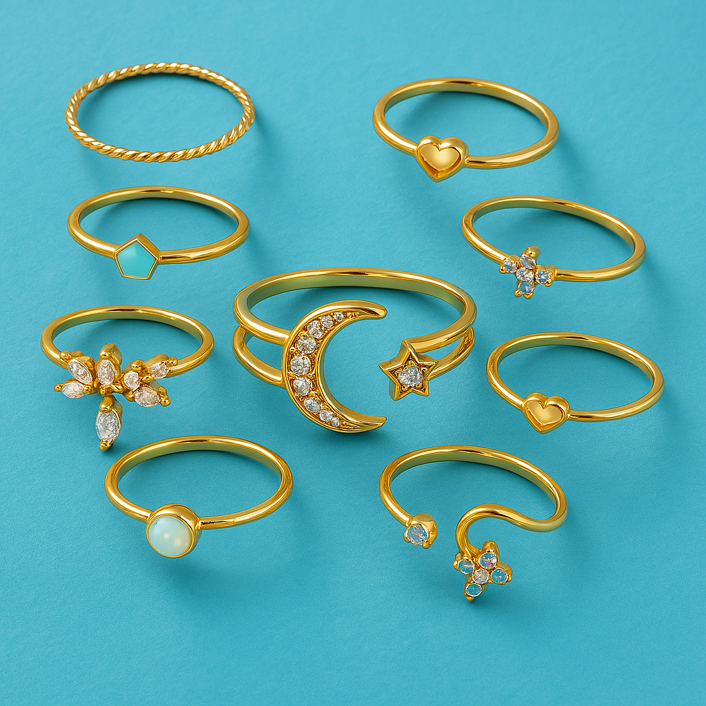 Pack de 10 bagues en argent et en or plaqué bohémien