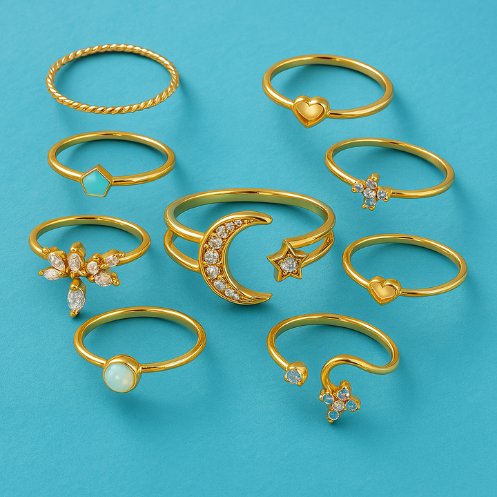 Pack de 10 bagues en argent et en or plaqué bohémien