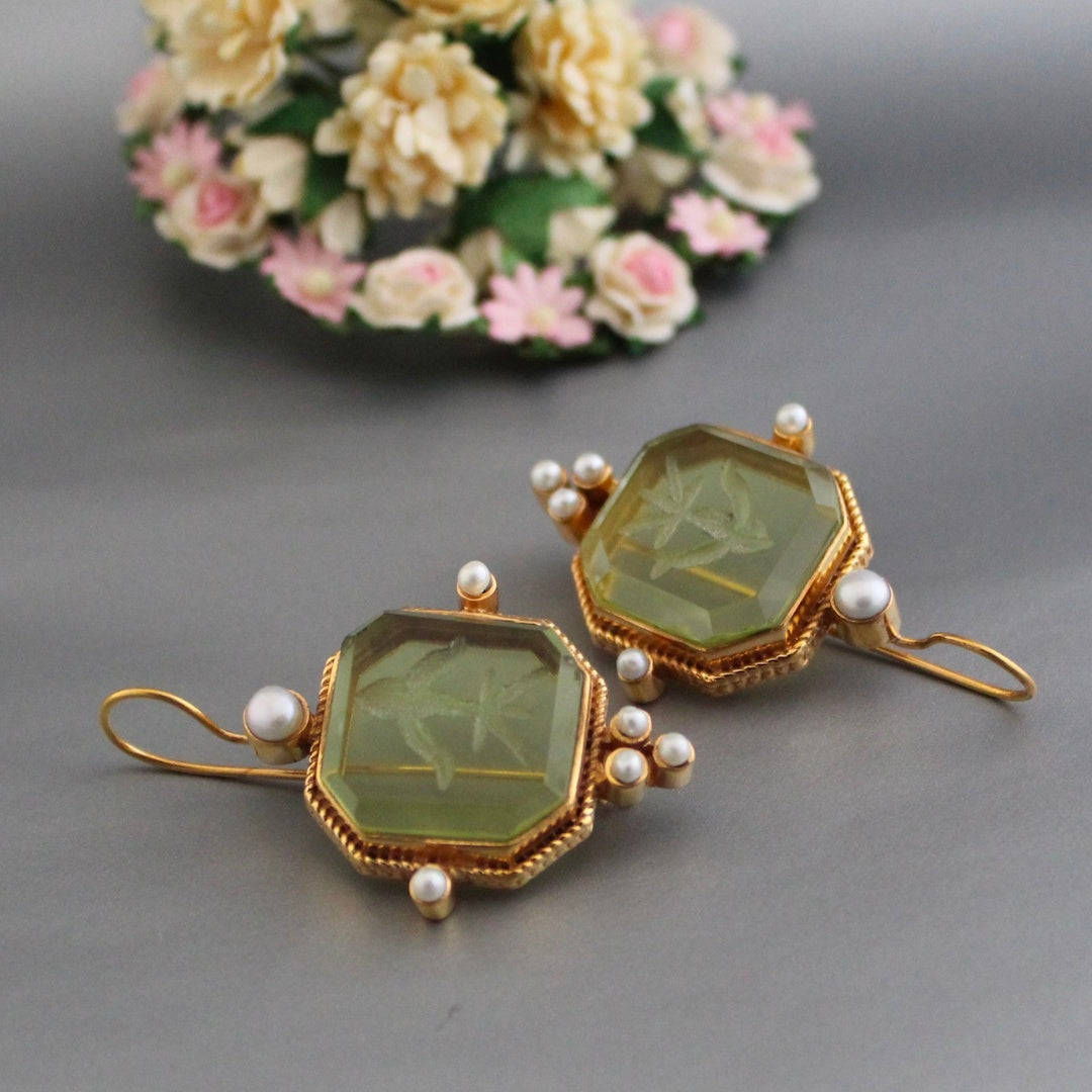 Boucles d'oreilles Vintage Grün & Perlen