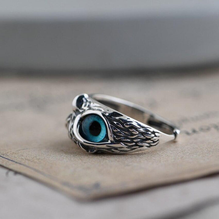 Bague Ajustable Hibou de Bonne Chance en Argent et Opale