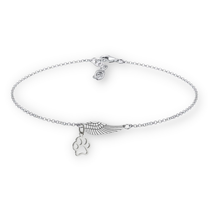 Bracelet commémoratif en argent avec aile d'ange et empreinte de patte | Fait main