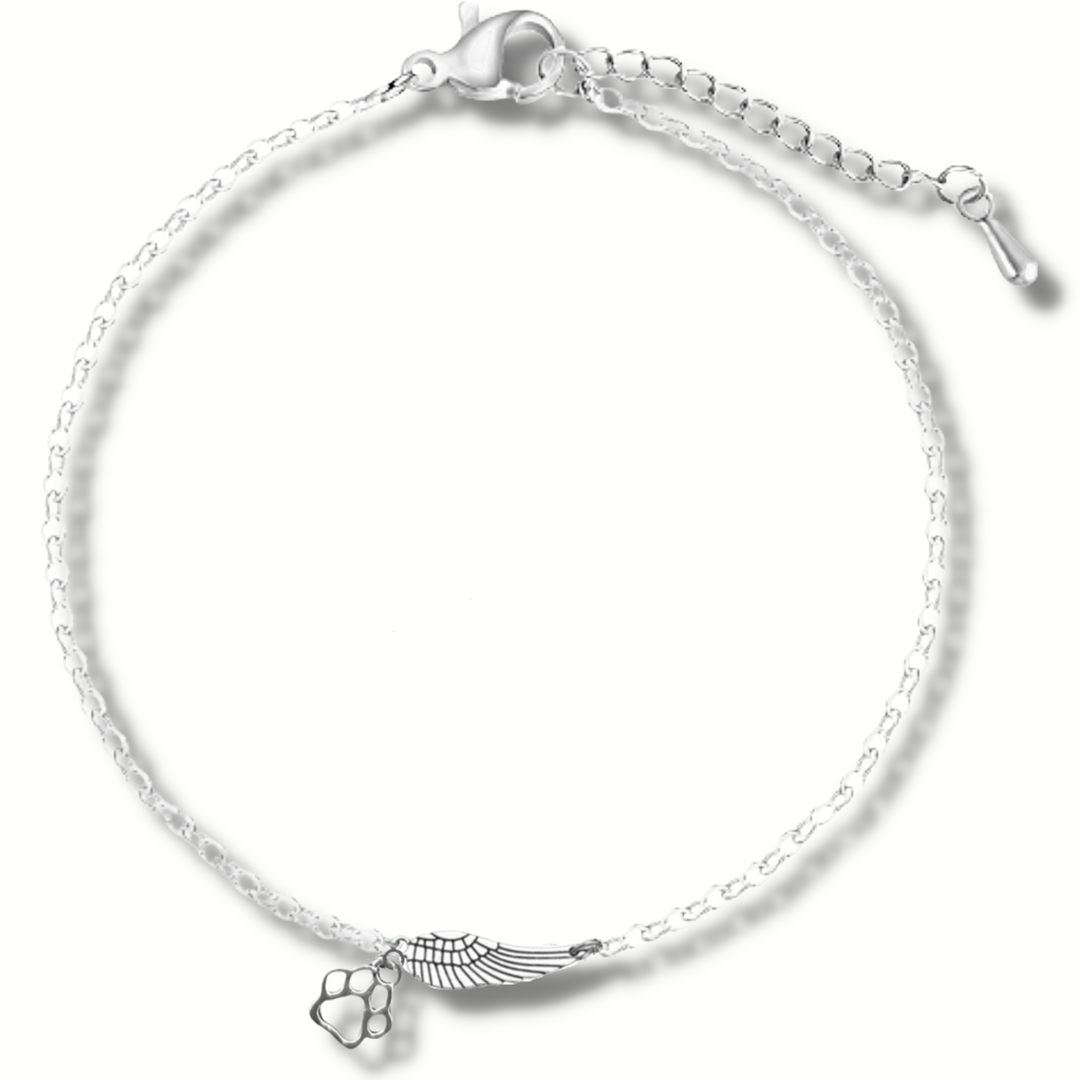 Bracelet commémoratif en argent avec aile d'ange et empreinte de patte | Fait main
