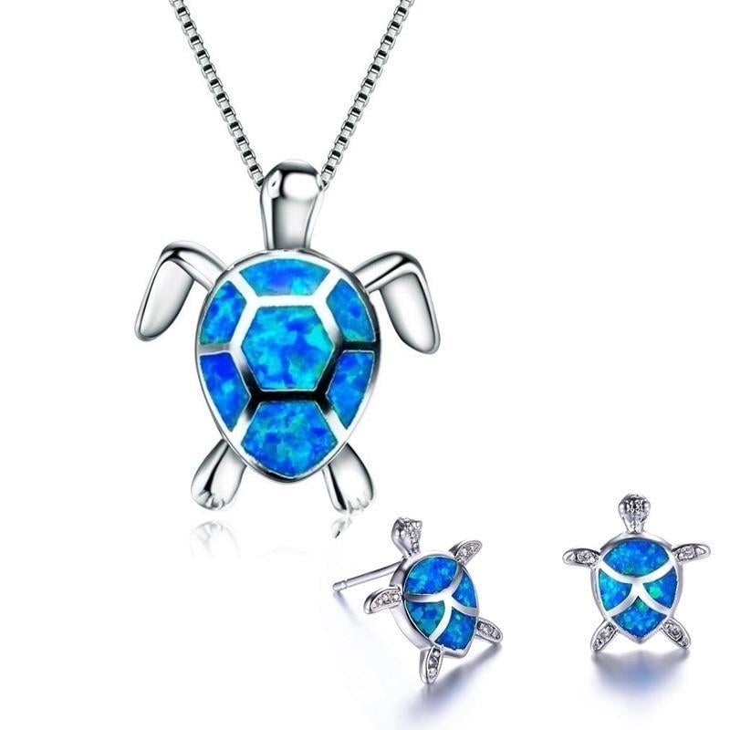 Collier et Boucles d'Oreilles Tortue de Mer en Opale et Argent