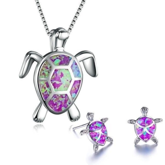 Collier et Boucles d'Oreilles Tortue de Mer en Opale et Argent